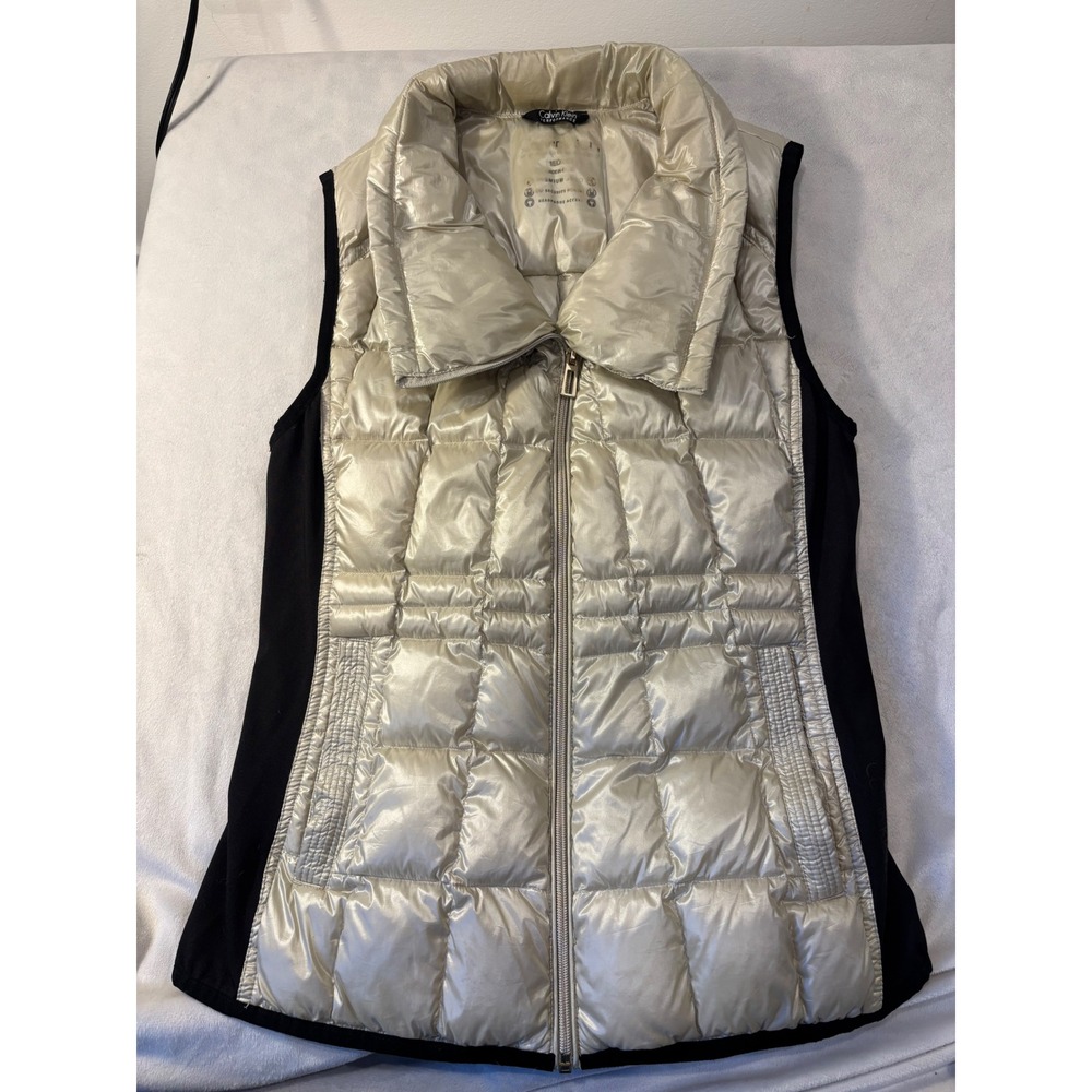 Calvin Klein Performance Metallic Gold Puffer Vest Black Side Panels Medium